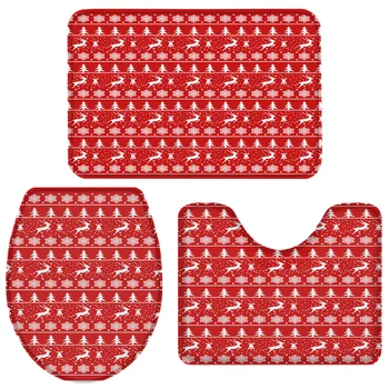 

3 Pieces Bathroom Set Red White Christmas Bath Set Toilet Cover Mat Pedestal Rug Non-Slip Bathroom Rug Set