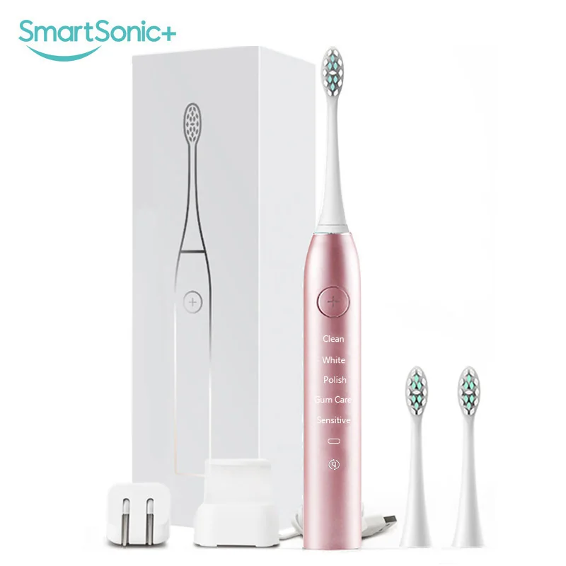 Золотой SmartSonic+ электрическая зубная щетка для чистки зубов Водонепроницаемая Usb зарядка зубная щетка с 2 сменными головками Dupont - Цвет: Золотой