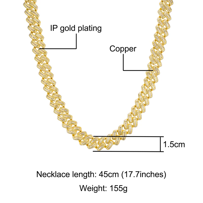 Hip Hop 15MM Bling Iced Out AAA CZ Square Zircon Cuban Link Chain Necklace For Men's Copper Necklaces For Men Jewelry