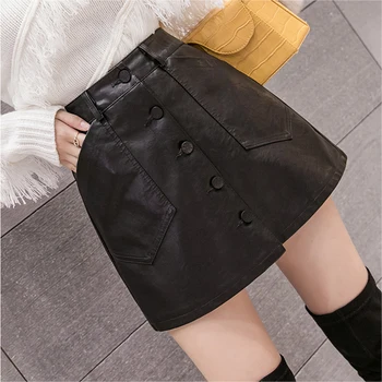 

Lucyever 2020 Spring PU Leather Skirt Women Wild High Waist A-line Black Mini Skirt Woman Simple Solid Color Slim Skirts Ladies
