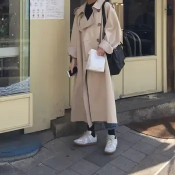 

Fall Women Solid Belt Oversized Trench Coats Double Breasted Lace Up Coats Outerwear Pockets Lapel Long Windbreaker