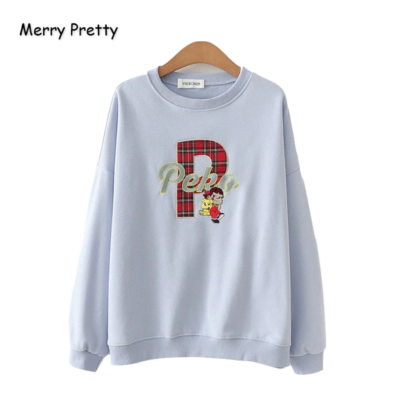 Merry Pretty, Хлопковые женские толстовки с мультяшной вышивкой, толстовки,, зимние пуловеры с длинным рукавом и круглым вырезом, свободный спортивный костюм