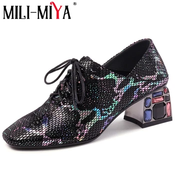 

MILI-MIYA Fashion Women Pumps Genuine Leather Square Toe Crystal Lace Up Snake Pattern Square Heels Big Size 34-42 Offical Shoes