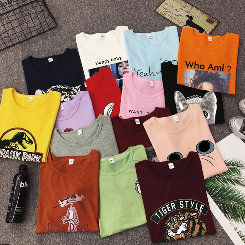 

Multicolor Nre Wild Casual Korean Round Collar Summer Cartoon Print Female Loose Short-Sleeved T-Shirt