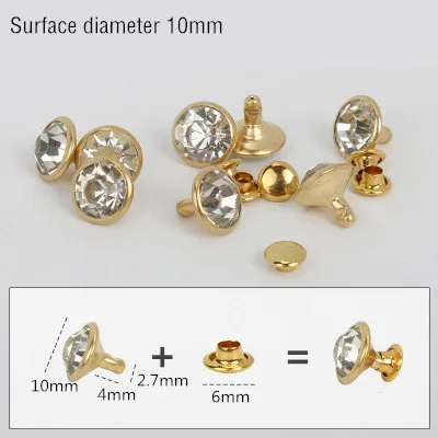 Gold 10mm 50 комплектов 5-11 мм с отделкой кристаллами, стразами, заклепками, стразами, шпильки DIY, сумка для одежды, кожаные декоративные шипы для перекуса, стеклянные сверла для ногтей - Цвет: Gold 10mm