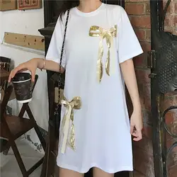 2019 B элегантное простое повседневное женское платье большого размера модное свободное платье с бантом выше колена мини с круглым вырезом