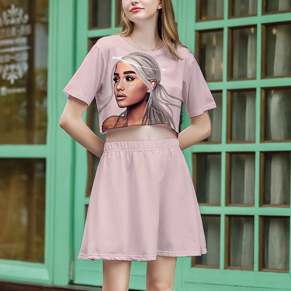 Ariana Grande/костюм с 3D короткой юбкой, Лидер продаж, футболка с короткими рукавами и короткая юбка, костюм из двух предметов, Новые повседневные комплекты высокого качества