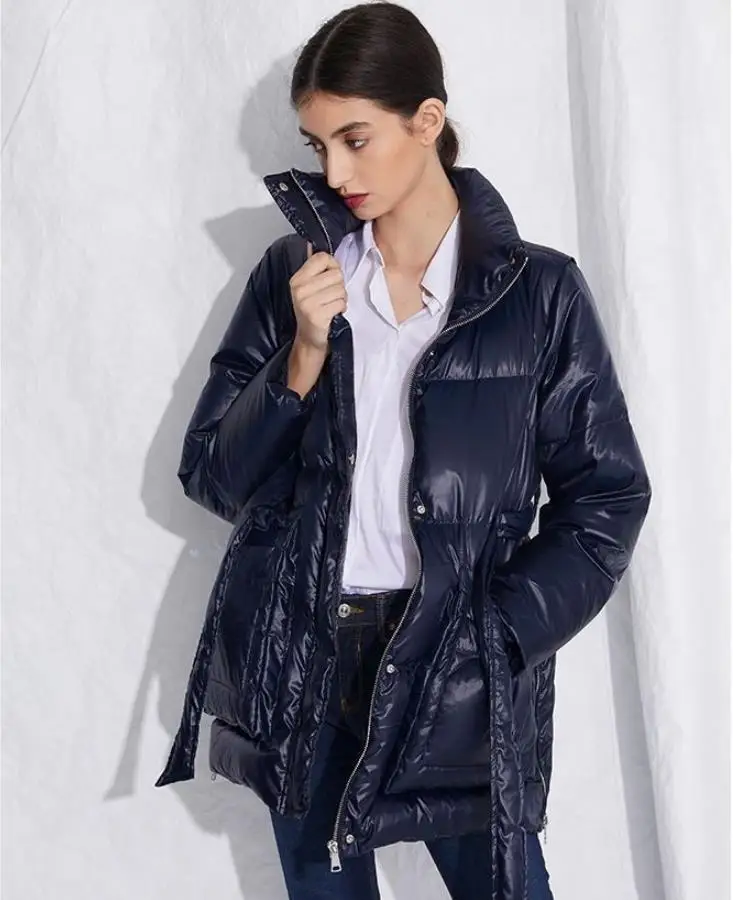 Beste Winter grote zakken Warme pluizige Eend down jas vrouwelijke was dunne stand kraag Donsjack dikker warme beneden Parka met riem F717