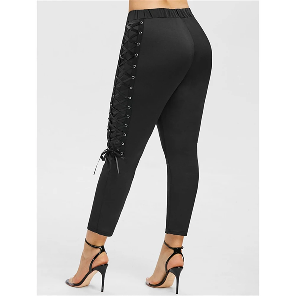 Fashion Women Plus Size Mid Waist Lace Up Leggings Autumn Solid Color Long Casual Legging