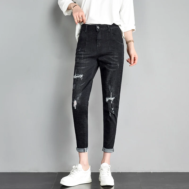 Черные джинсы женские модные рваные джинсы брюки-бойфренды Длина по щиколотку повседневные уличные брюки женские джинсовые брюки с карманами
