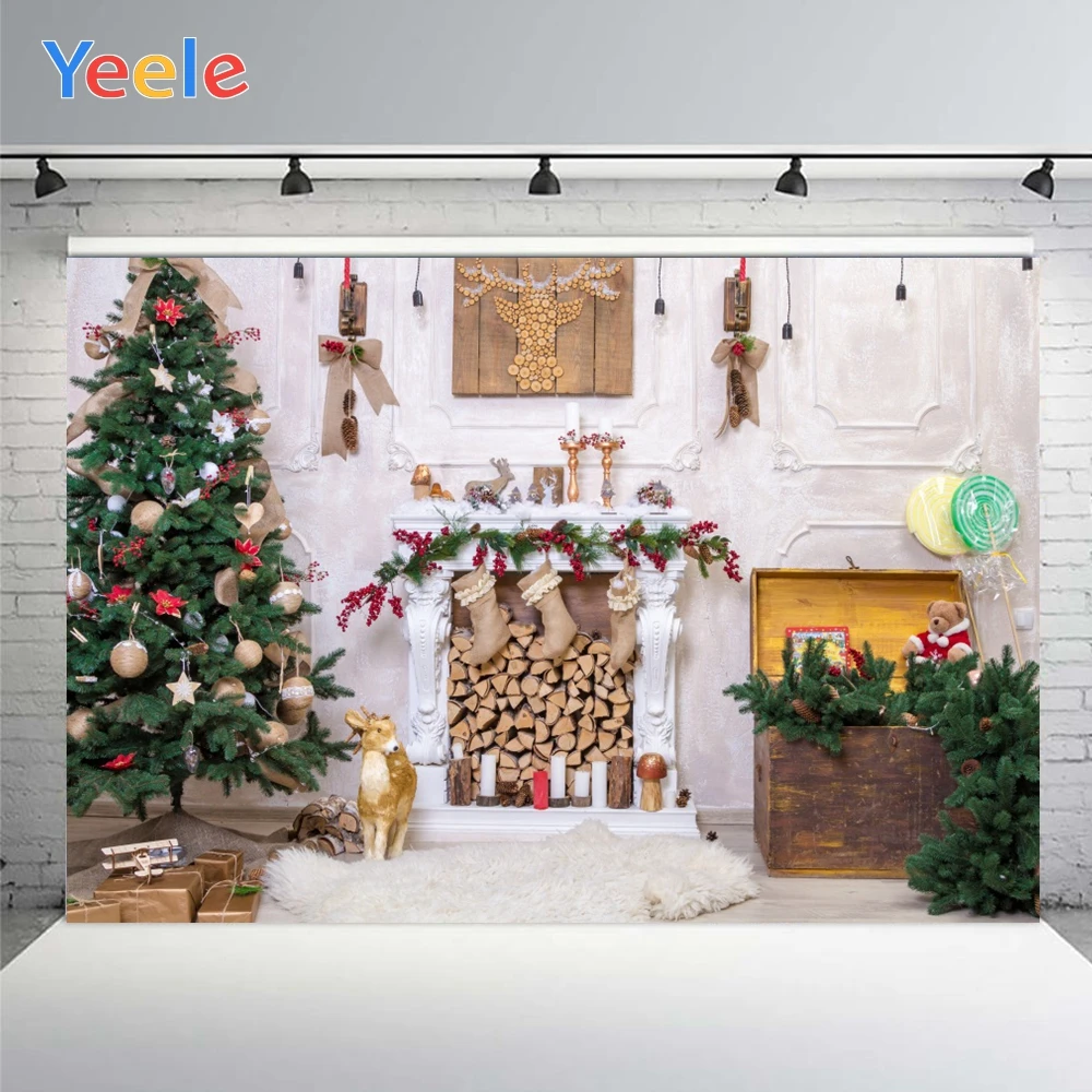 

Yeele Photo Background Wall Merry Christmas Tree Balls And Deer Fireplace Party Decor Photography Backdrop For Photo Studio