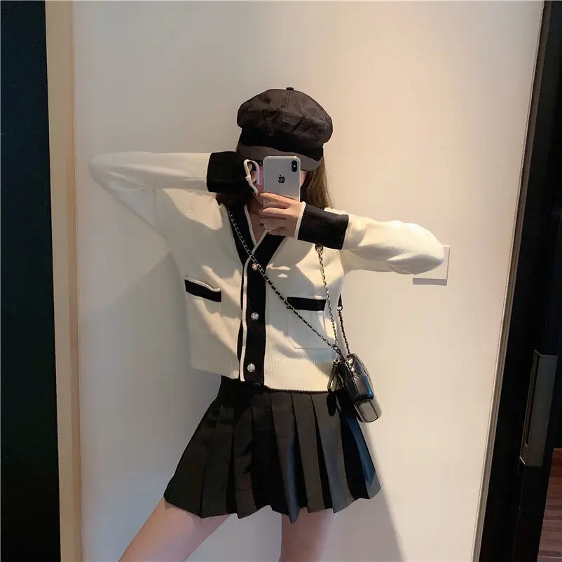 Feminino com Decote em v Cardigan + Saia Coreano Feminino Terno Saia Retro Chique 2022 Novo Elegante Curta Duas Peças Conjunto 15 Computers & Electronics