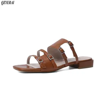 

2020 Brand Shoes Women Genuine Leather Low Block Heel Peep Toe Slippers Summer Ladies Slides Designer Outside Sandals