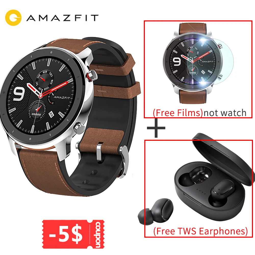 Stainless Steel Case Бесплатные TWS наушники AMAZFIT GTR 47 мм Смарт-часы AMOLED 5ATM водонепроницаемые gps умные часы 24 дня трекер здоровья для телефона Xiaomi - Цвет: Stainless Steel Case