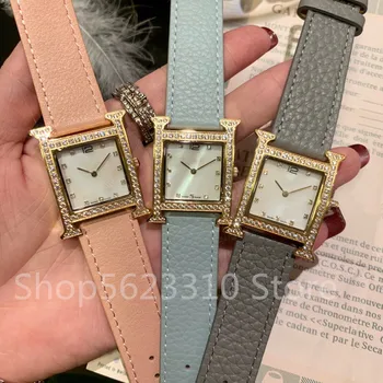 

candy series luxury brand watch zircon Quartz square watch Female bracelet Real leather genuine Wristwatch Shell pearl clock