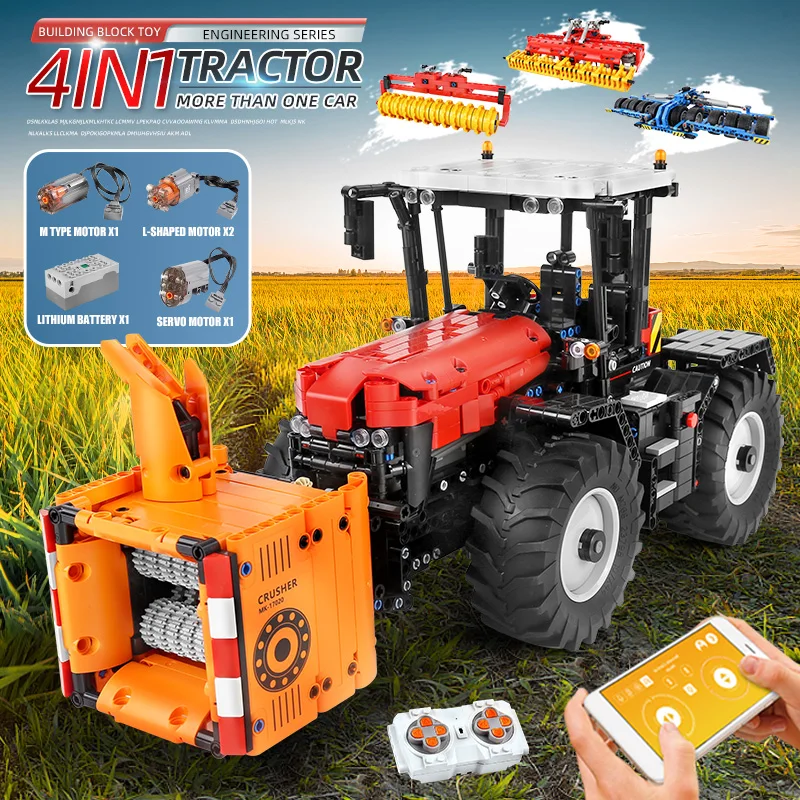 MOULD KING 17020 APP High-Tech Car Toys The RC Motorized Trator With Roller Packer Harrow Building Blocks