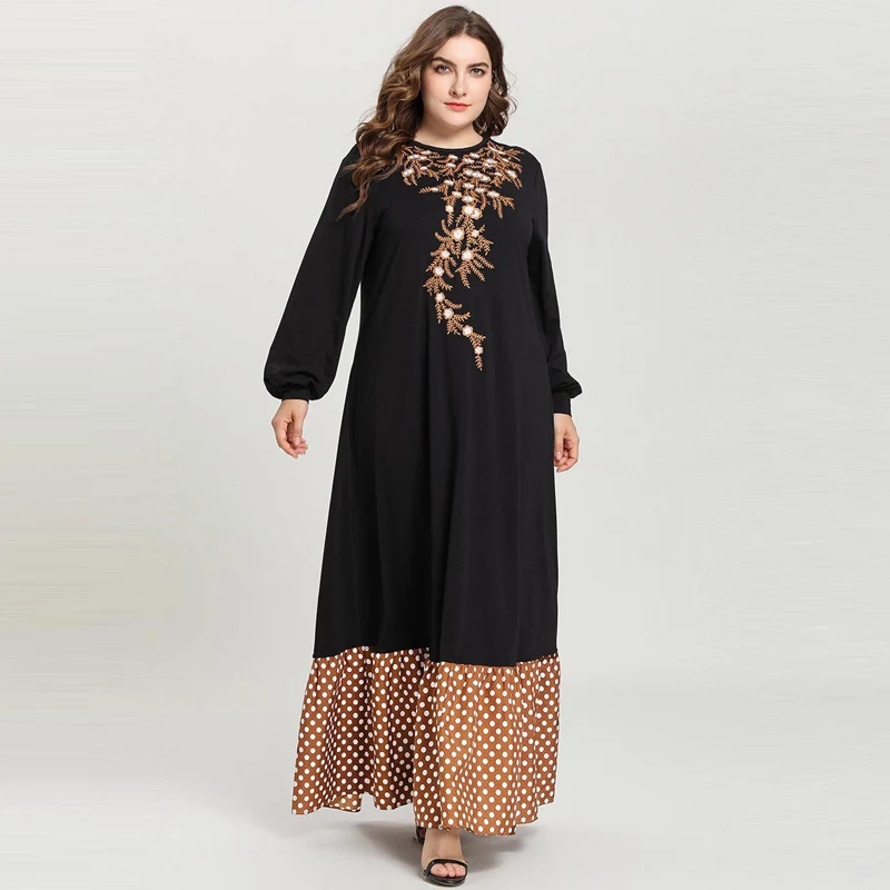 Мусульманское женское платье с длинным рукавом, черное платье в Дубае, макси, вышивка в горошек, плиссированный подол, abaya Jalabiya, исламский, арабский, Турция Tobe кафтан - Цвет: Черный