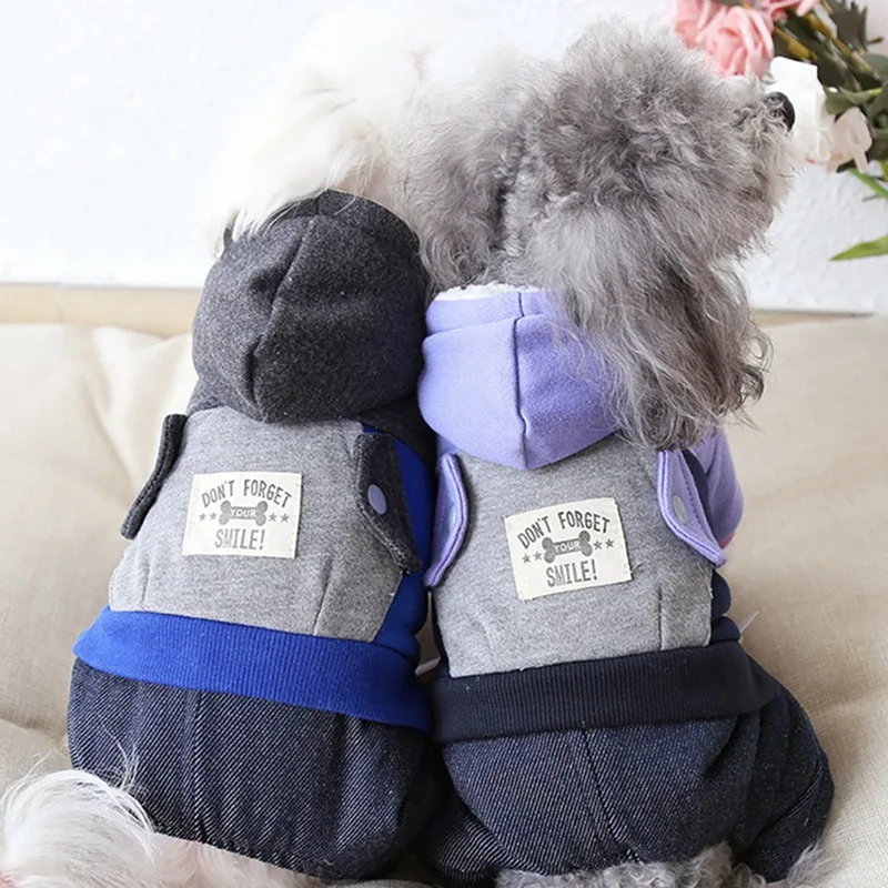 Pet Fleece Jumpsuit Cool Dog Clothes Denim 4-legged One-piece Jacket With Pockets For Autumn And Winter Dog Color-patched