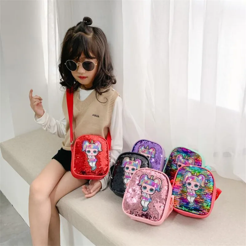 LoL Dolls PU Sequin Look Girl Backpack Mobile Phone Bag Action Figure LoL Surprise Children Gifts