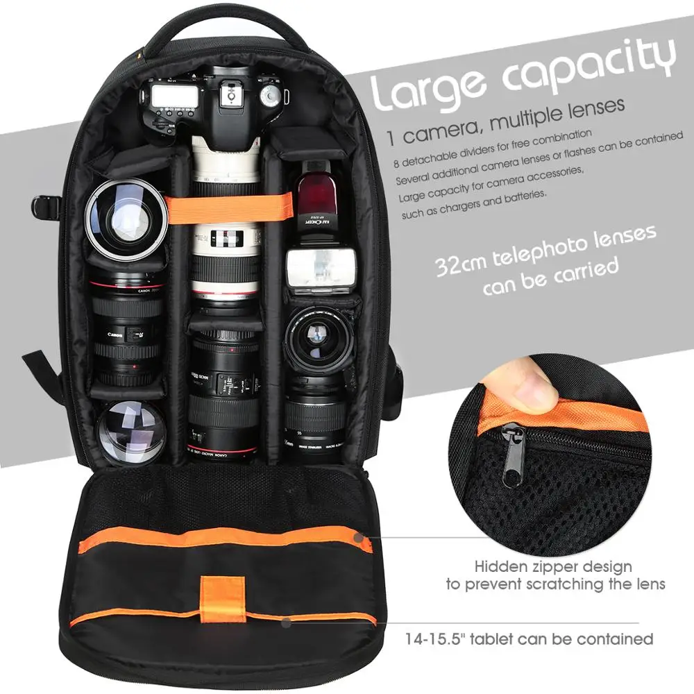 K&F Concept Водонепроницаемый рюкзак для фотоаппарата DSLR Рюкзак Сумка Черный Canon Nikon