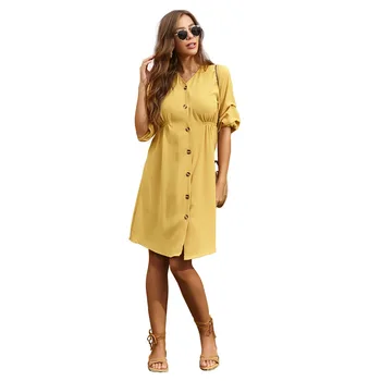 

Women'S Fashion Summer Dress Short Sleeve Button Decorative Midi Dresses