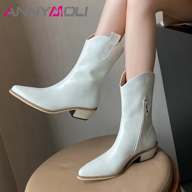 

ANNYMOLI Genuine Leather Mid Heel Western Boots Women Shoes Pointed Toe Zipper Chunky Heels Mid Calf Boots Lady Winter Brown 40