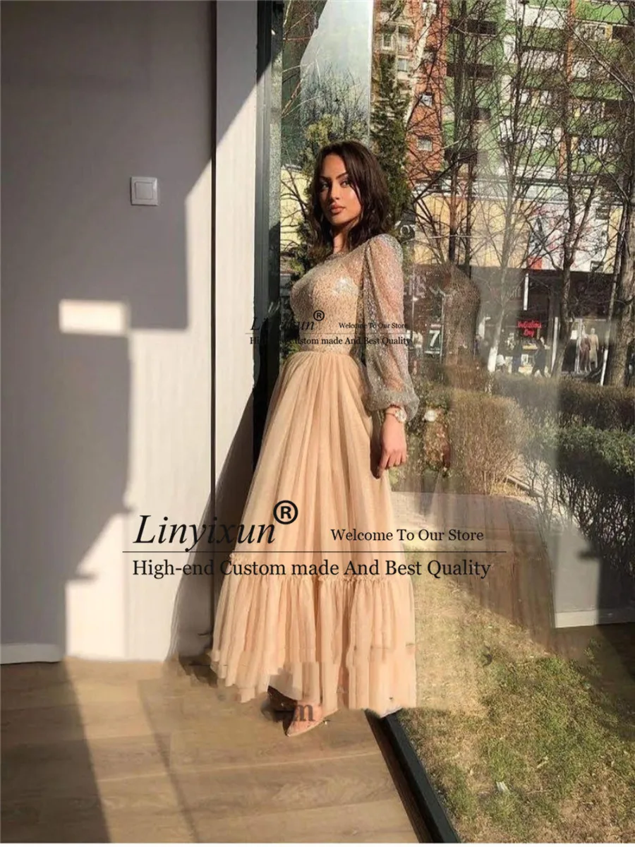 long prom dresses 2021 Modest Champagne A Line Tulle Prom Dresses Sparkly Long Sleeves Sheer Scoop Neck Ankle Length Formal Evening Gowns satin prom dress