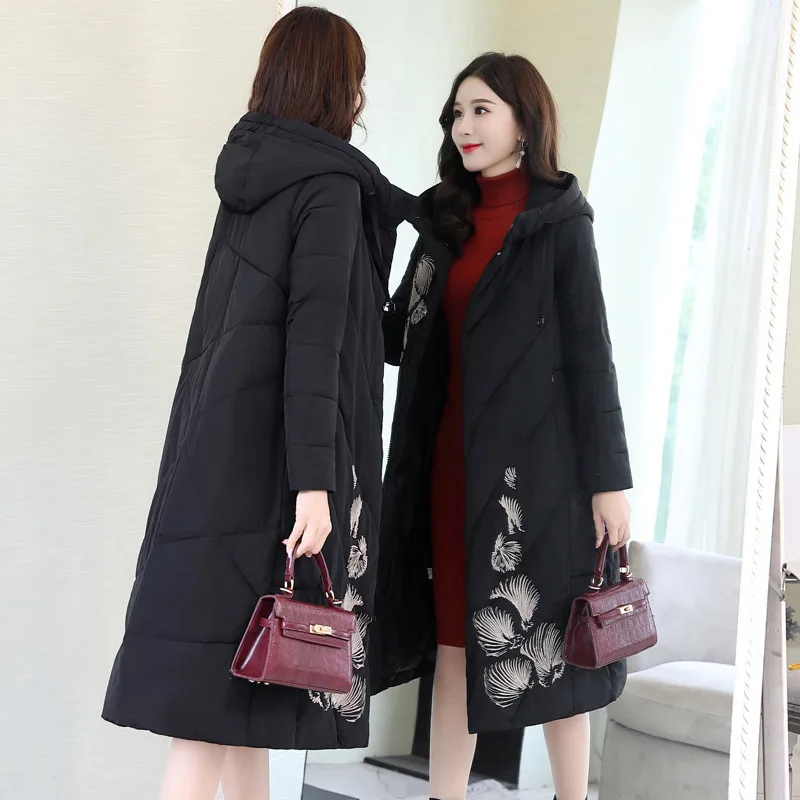 

2019 Winter New Style Cotton-padded Jacket Ethnic-Style WOMEN'S Dress Embroidery down Jacket Cotton-padded Clothes Mid-length Sl