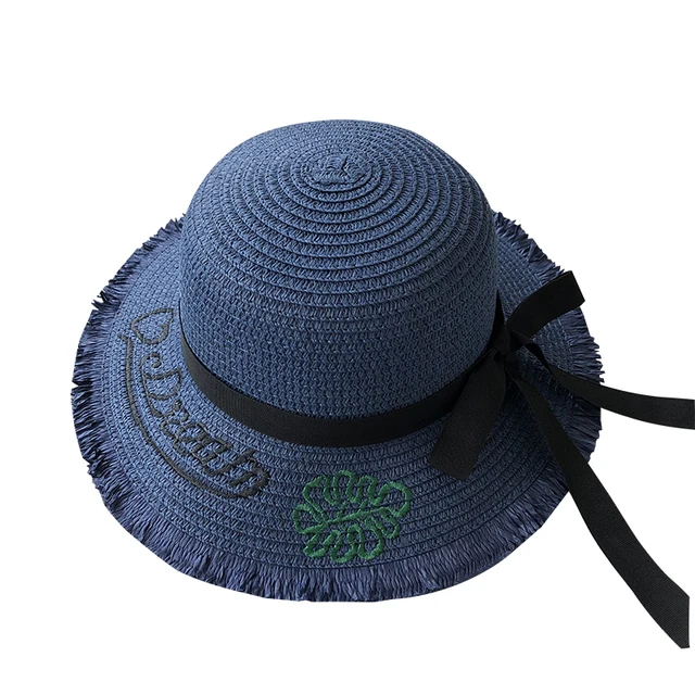 Girls Summer Cap Black Ribbon Decorate Wavy Straw Hat For Girls Children Panama Hat Kids Sun Cap Baby Beach Hats navy dream