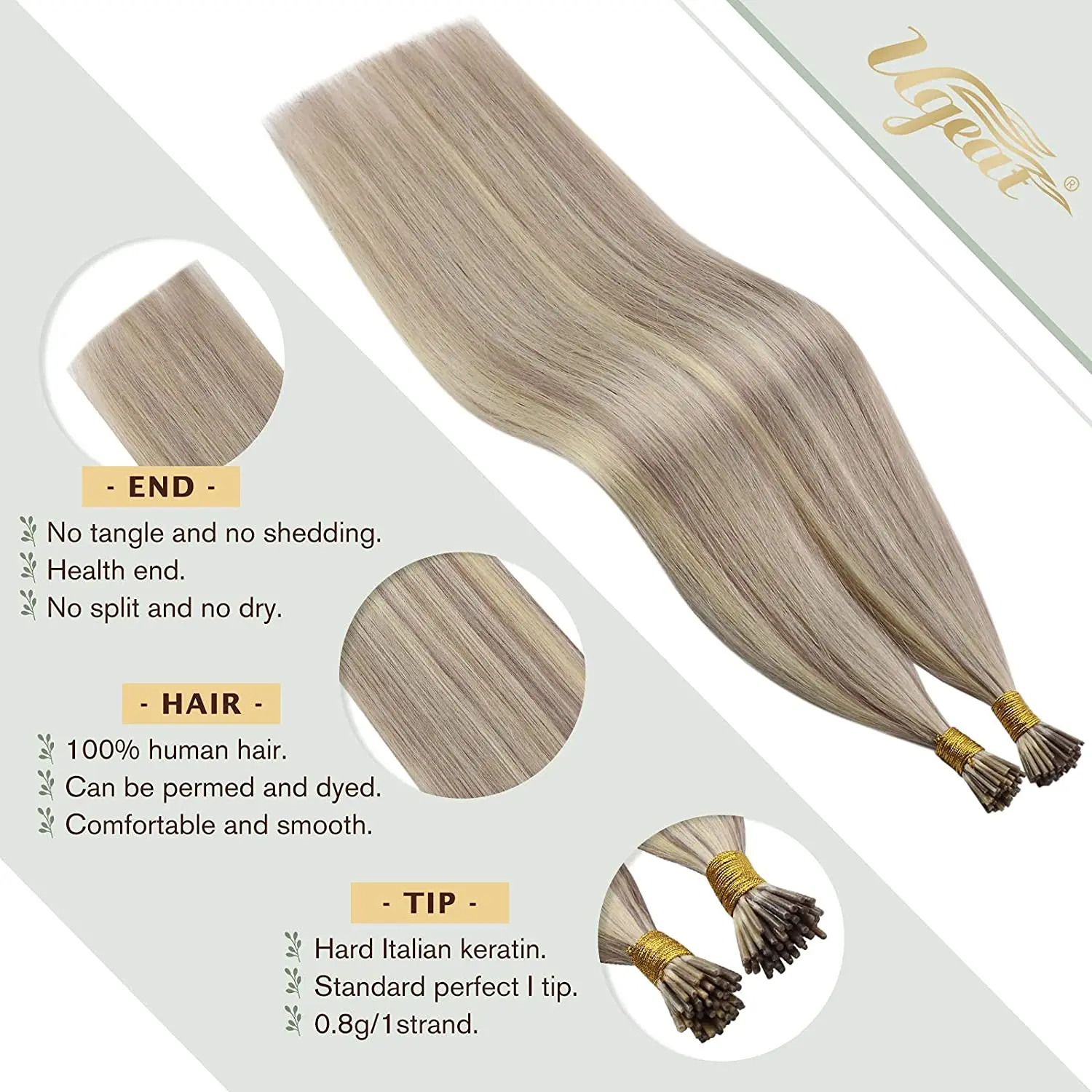 Hair Extensions Ugeat I Tip Hair Extensions Human Hair Remy Fusion 14-24" 40g/80g Natural Straight Pre Bonded Extensions