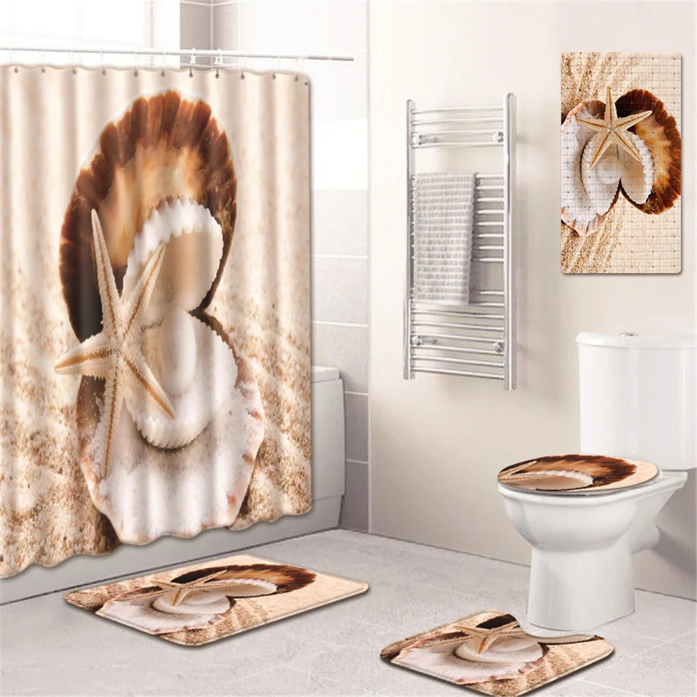 

T Shell Pearl Bathroom Shower Curtain Set with Bathtub Mat Anti Slip Carpet In Bath Mat Toillete Seat Cover Toilet Rugs Doormat