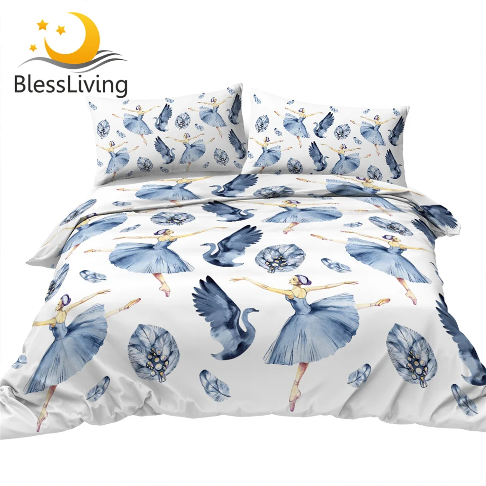 

BlessLiving Ballet Bedding Set Ballerina Watercolor Duvet Cover Elegant Swan Feathers Bed Cover Dancing Girl Bedspreads Dropship