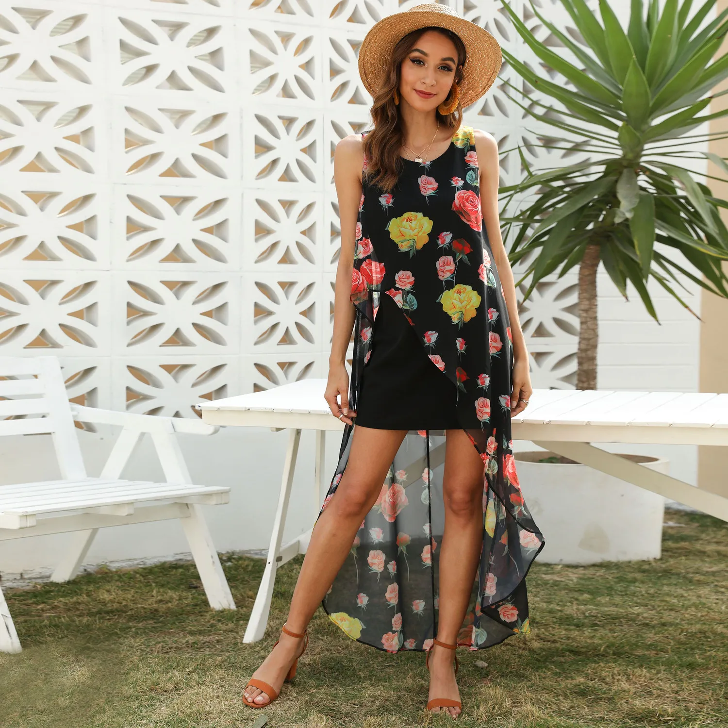 

New Fashion Floral Printed Boho Dress Asymmetrical O-Neck Sleeveless See-Through Ladies Sexy Summer Dress Vestidos De Verano