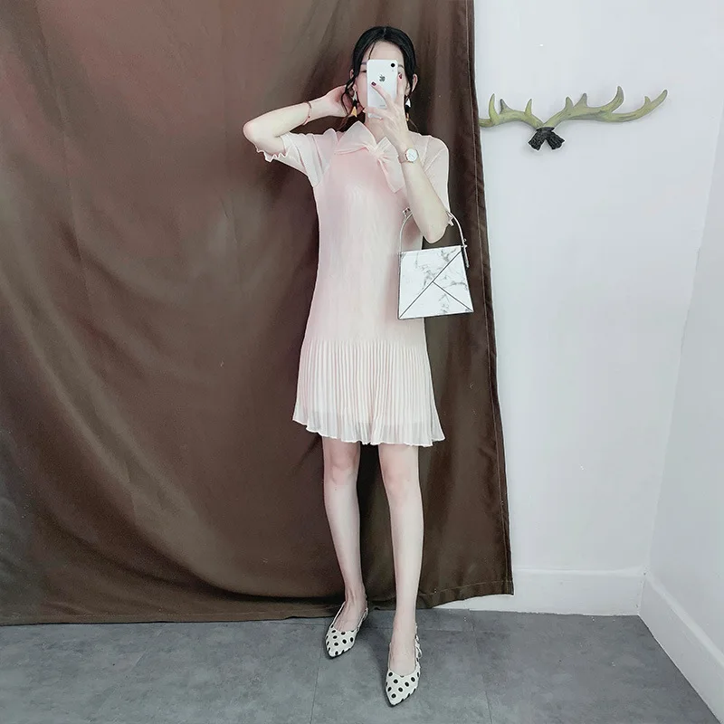 Miyake Плиссированное Платье Новые шифоновые розовые вечерние платья с бабочкой, с коротким рукавом, длиной до колена, с воротником Питер Пэн, однотонные женские платья
