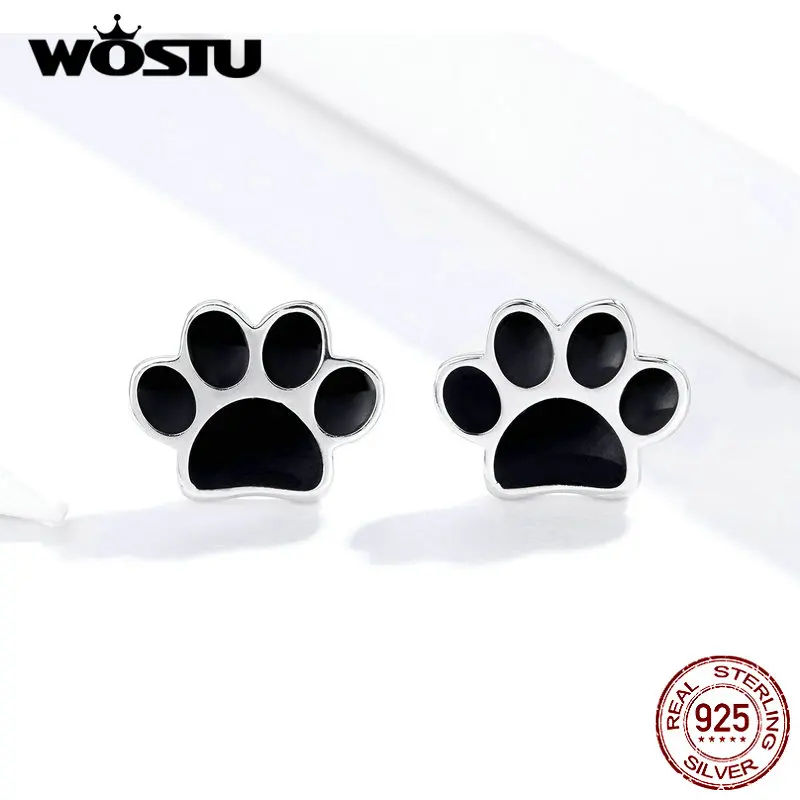 WOSTU, модные, настоящие 925 пробы, серебряные, с собачьей лапой, черные серьги-гвоздики для женщин, маленькие серьги, серебро 925, ювелирное изделие CQE757