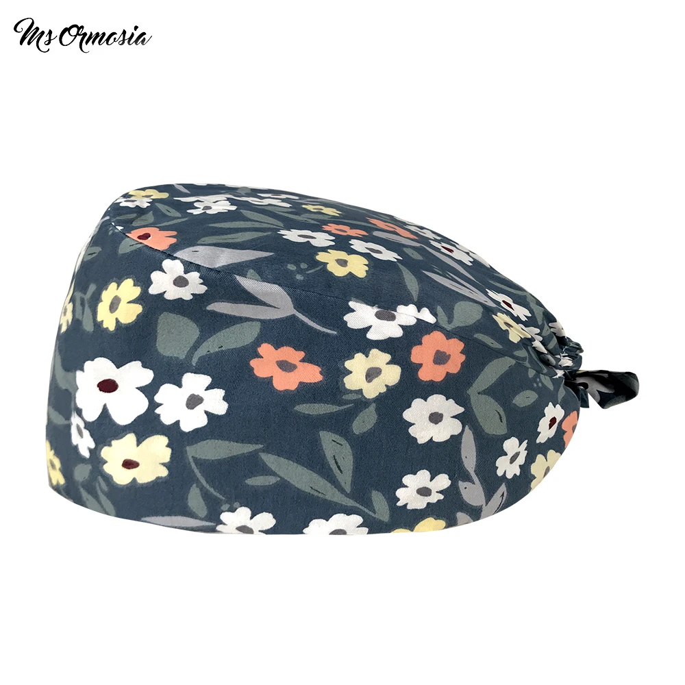 

Not stuffy Built-in Sweat towel Beautician accessories Floral print scrub hat Dust-proof cleaning cap pet store work scrub cap
