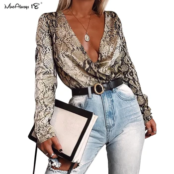 

Mnealways18 Snake Print Sexy Satin Bodycon Bodysuits Silk Rompers Womens Jumpsuit Long Sleeve Shirt Ladies Deep V Neck Bodysuit