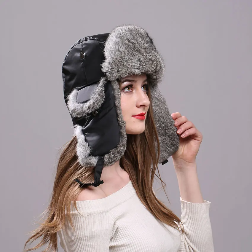 Warm Bomber Hat Unisex Real Rabbit Fur Bonet with Rainproof Cloth Earflap Trapper Russian Cap Male Winter Ski Hats for Women 1
