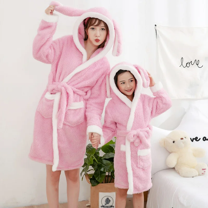 1 предмет, банный халат для мамы, дочки, сына, зимняя семейная Фланелевая пижама с кроликом теплая Толстая одноцветная одежда для сна для мамы и ребенка