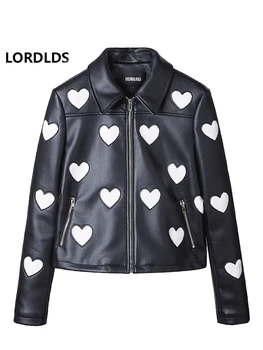

2019 Women Cute Heart Pu Leather Jacket Street Sweet Turn down Collar Soft Slim Ladies Coat Black Long Sleeve Party Jacket