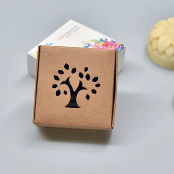 

50pcs 10.5*10.5*4cm kraft paper box with tree hollow Pattern window small kraft soap packing box Kraft paper gift packaging box