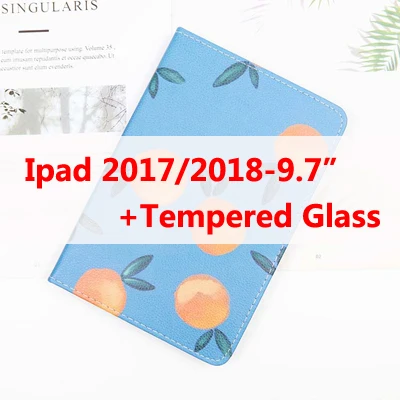 Для Ipad Ipad Air 1 2 Ipad Mini 1, 4, 5, Ipad 2 3 4 из искусственной кожи милый оранжевый медовый персик чехол с откидной крышкой для телефона с закаленное Стекло чехол - Цвет: 01 2017 2018 Glass