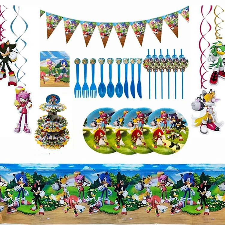Sonic Hedgehog-suministros de fiesta desechables, vajilla para fiesta, tazas, platos, banderas, envoltorios, globos, decoración para fiesta de cumpleaños para niños