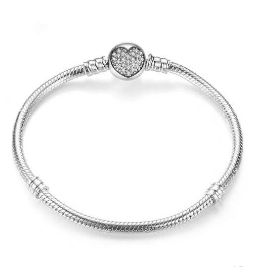 Подлинный 925 пробы серебряный браслет кристалл сердце любовь застежка змея цепочка браслет на запястье подходит из бисера Шарм Diy ювелирные изделия