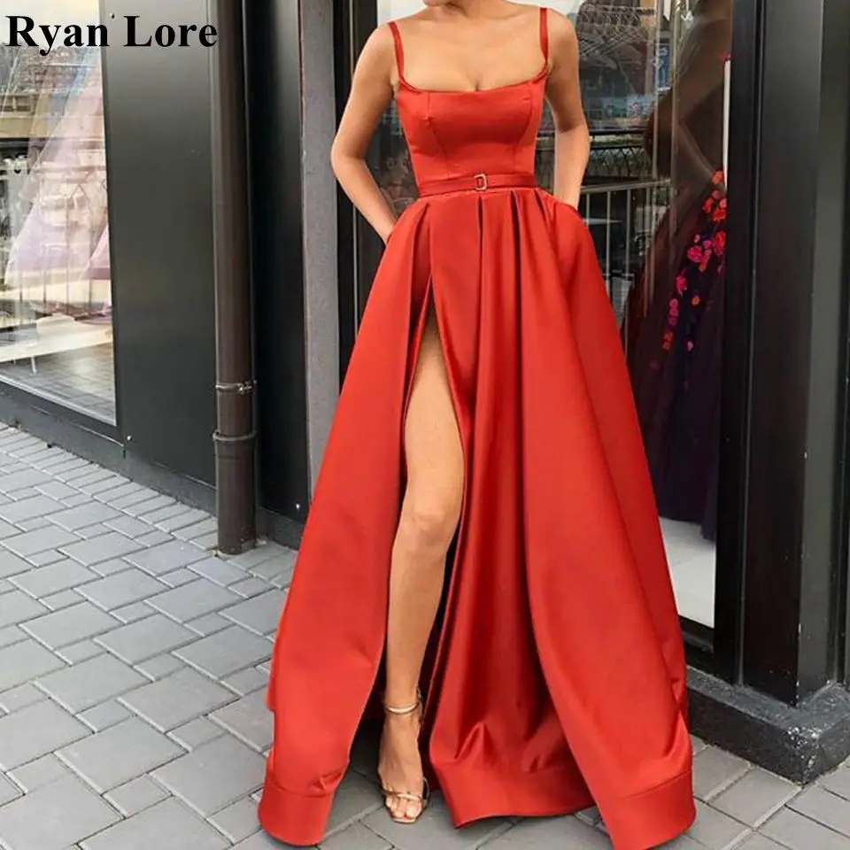 

Red Split A-Line Evening Dresses Spaghetti Straps Robe De Soiree Formal Party Long Prom Gowns Vestido 2020 Plus Size Custom Made