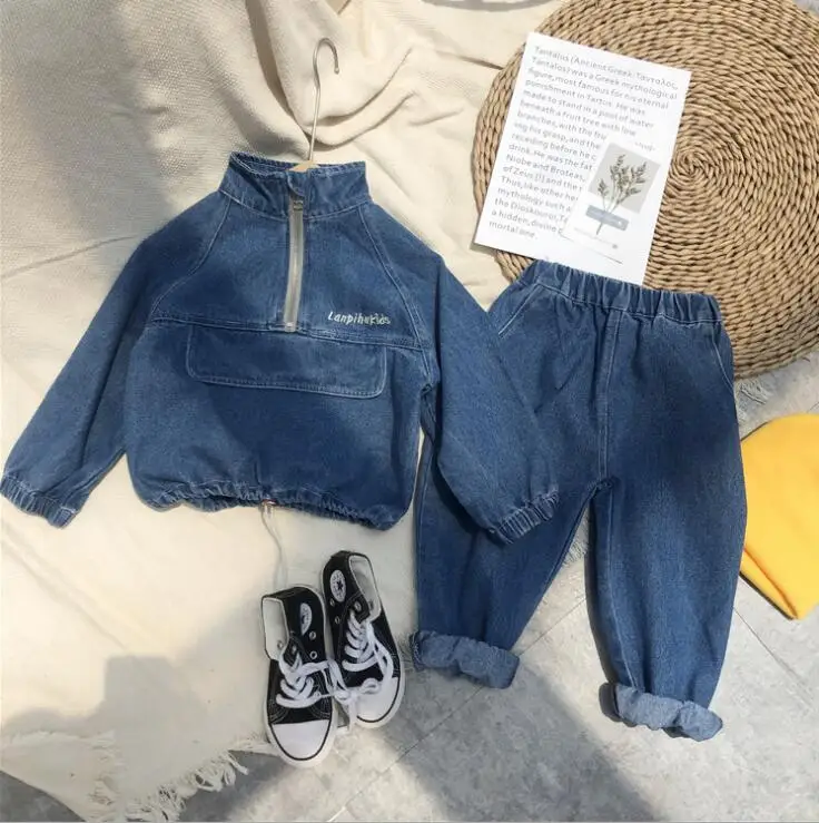 

2019 new girls boys 2 pcs denim set coat+long pants fashion autumn kids suit 2-7t HX153