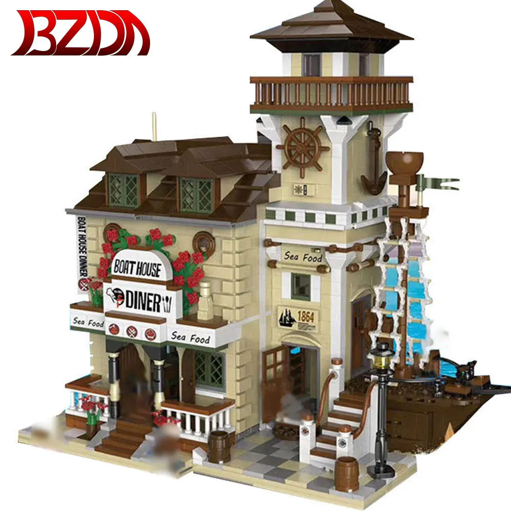 

BZDA Creative City Street View Building Block Shop Retail Store Cafe Restaurant Miniature Building Model Children's Toy Gift DIY