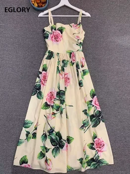 

High Quality Strap Long Dress 2020 Summer Casual Club Ladies Pink Flower Green Leaves Print Sleeveless Sexy Beach Maxi Dress