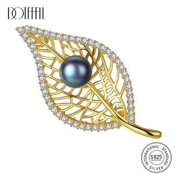 

DOTEFFIL 925 Sterling Silver AAA Zircon Pearl Tree Leaves Gold Brooch For Woman Fashion Wedding Engagement Party Charm Jewelry