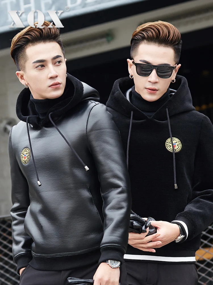 

Winter Genuine Leather Jacket Men's Real Fur Coat Sheep Shearing 100%Wool Coat Hoodie Two Side Wear Jacket X5607 KJ830